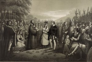 Depiction of the marriage of John Rolfe and Pocahontas