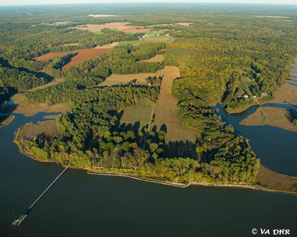 Aerial shot of the Werowocomoco site. Photo courtesy of Chesapeake Conservancy